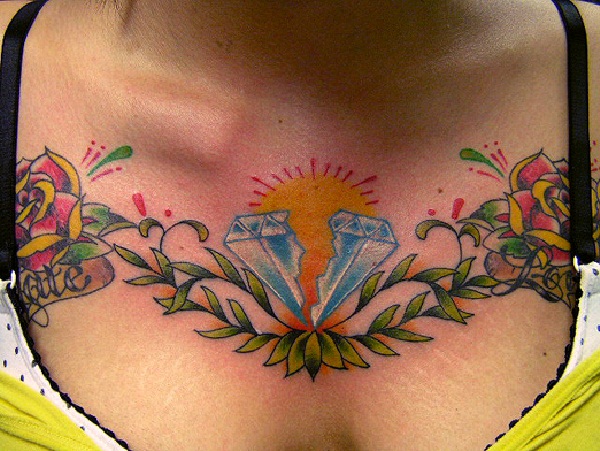 Red Roses And Broken Diamond Tattoo On Chest