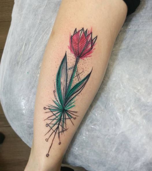 Red Tulip Flower Tattoo On Leg