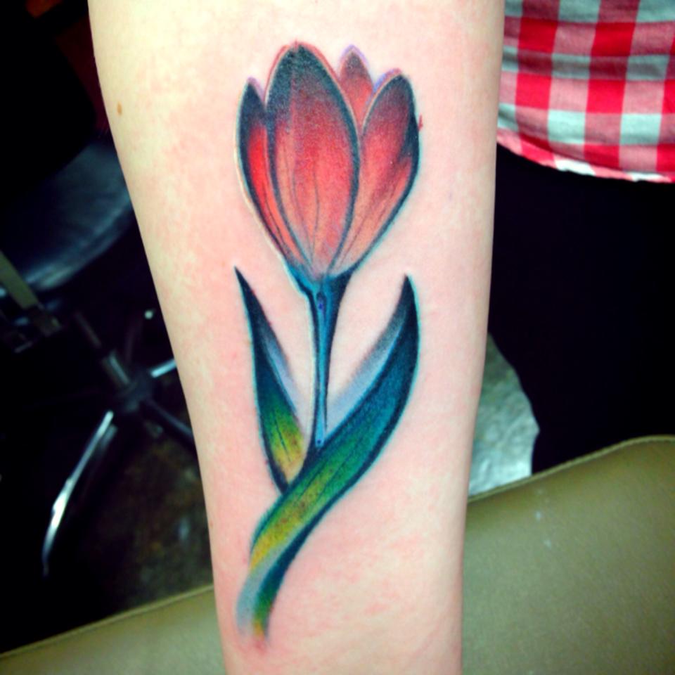 Red Tulip Flower Tattoo On Right Forearm