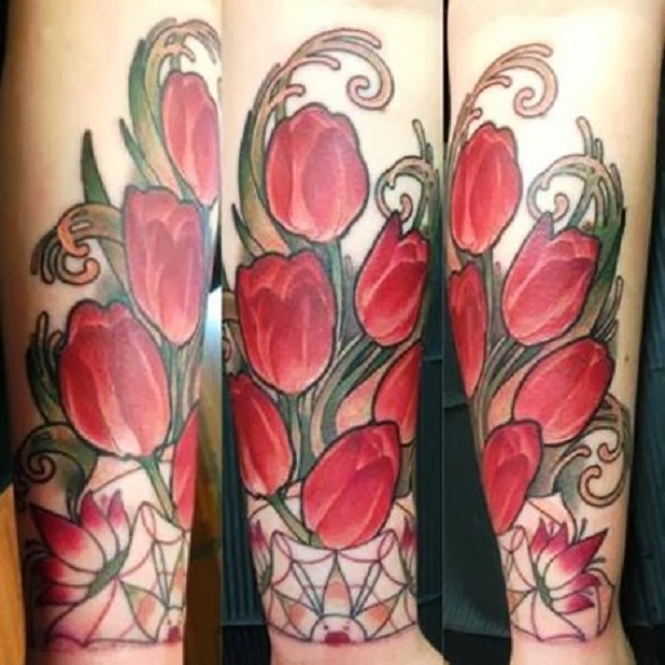 Red Tulip Tattoos On Leg