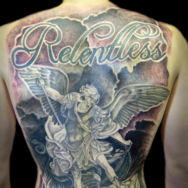 Relentless – Black And Grey Archangel Michael Tattoo On Man Full Back