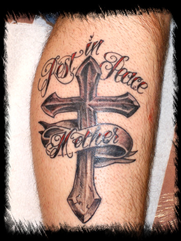 Rest In Peace Cross With Mother Banner Memorial Tattoo