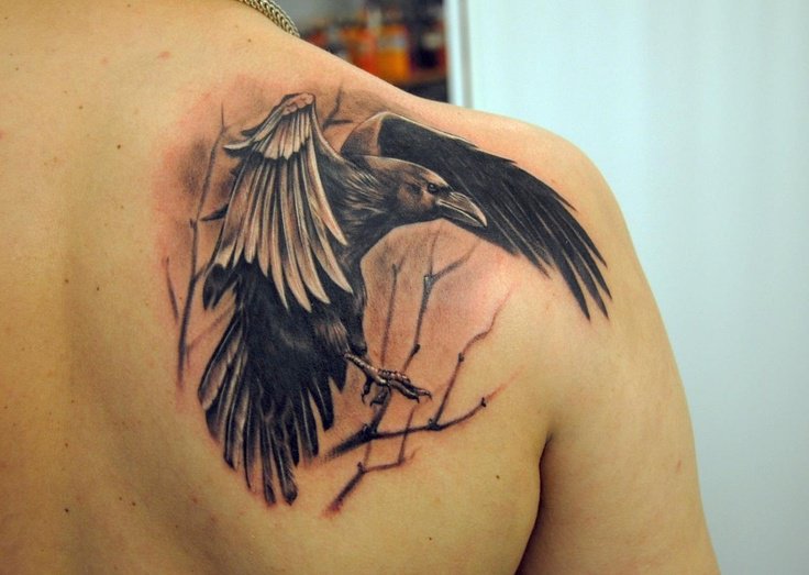 Right Back Shoulder Realistic Crow Tattoo