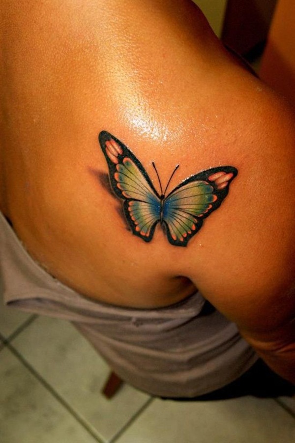 Right Back Shoulder Color Butterfly Tattoo