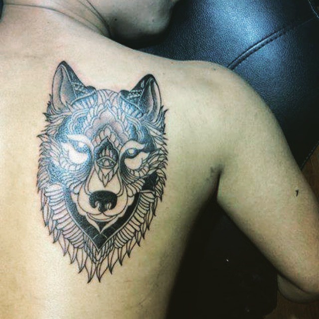 Right Back Shoulder Mandala Wolf Tattoo