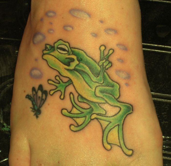Right Foot Green Frog Tattoo