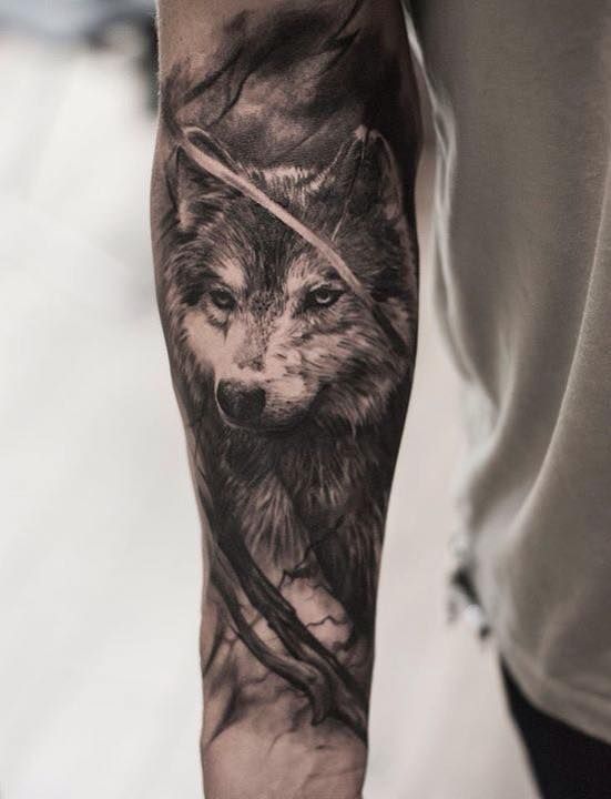 Right Forearm Black And Grey Wolf Head Tattoo
