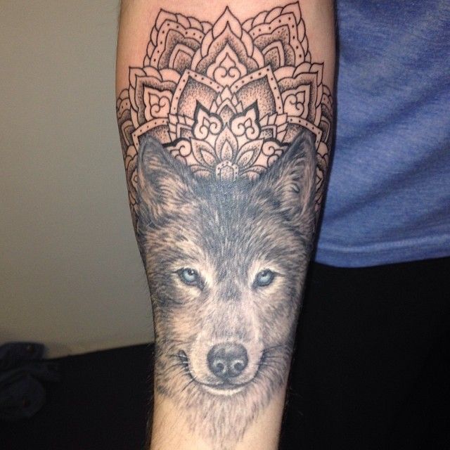 Right Forearm Mandala Wolf Tattoo