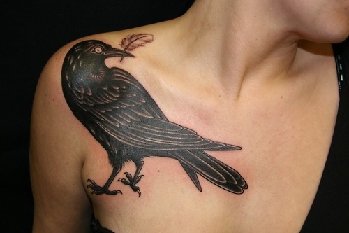 Right Front Shoulder Black Crow Tattoo