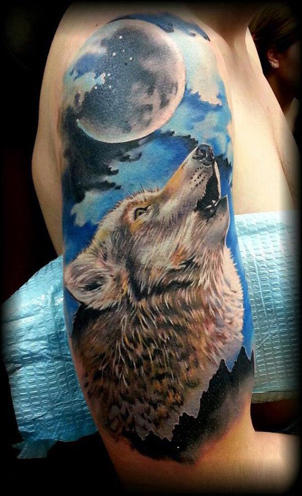 Right Half Sleeve Colored Howling Wolf Tattoo
