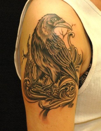 Right Shoulder Grey Ink Crow Tattoo