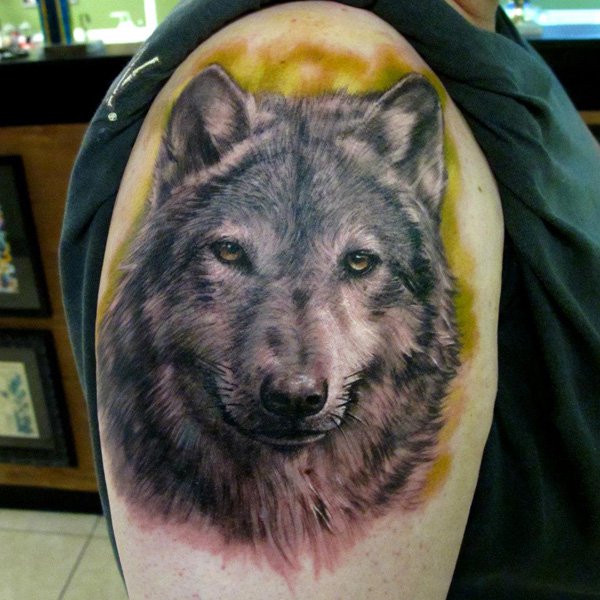 Right Shoulder Grey Ink Wolf Tattoo