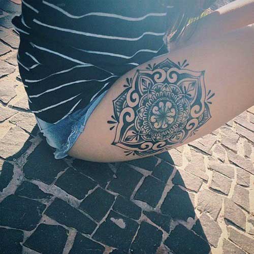 Right Thigh Mandala Flower Tattoo