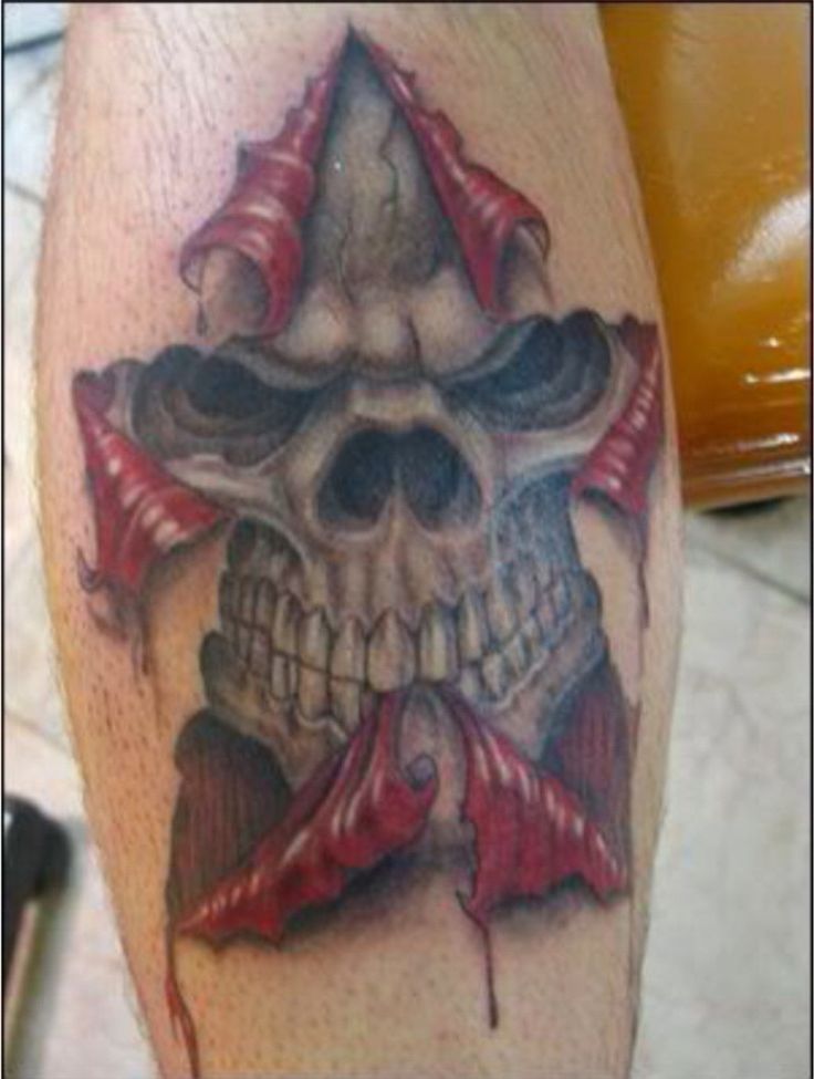 Ripped Skin 3D Skull In Star Tattoo On Leg