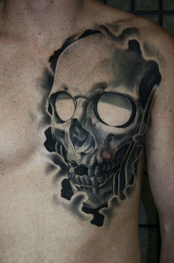 Ripped Skin 3D Skull Tattoo On Man Chest