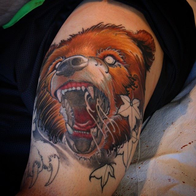 Roaring Bear Head Tattoo On Half Sleeve By Jeff Norton