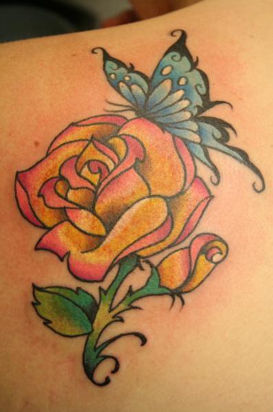 Rose And Blue Butterfly Tattoo On Left Back Shoulder