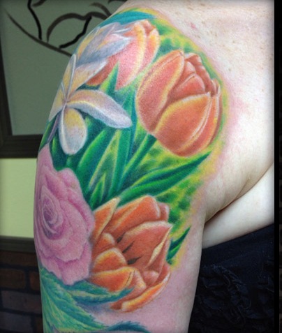 Rose And Tulip Tattoo On Shoulder