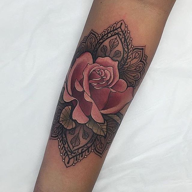 Rose Flower And Mandala Tattoo On Arm Sleeve