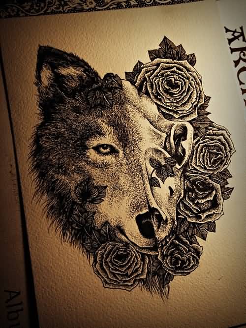 Roses And Mandala Wolf Tattoo Design