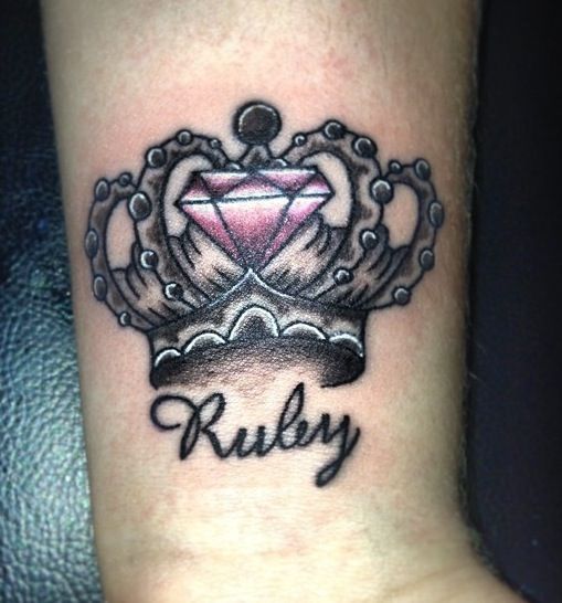 Ruby Diamond In Crown Tattoo On Arm