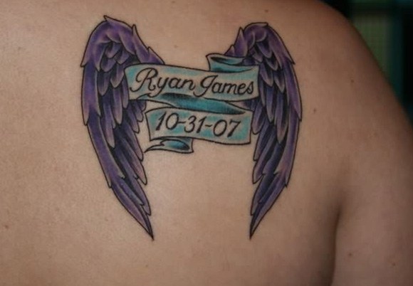 Ryan James Memorial Banner With Angel Wings Tattoo On Back Shoulder