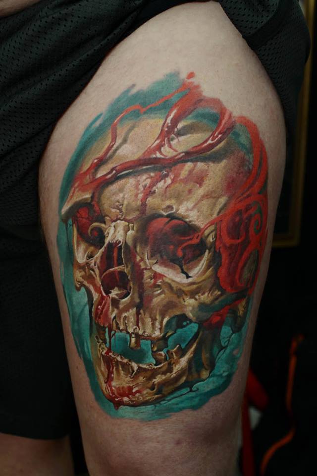 Scary Skull Tattoo On Left Thigh By Dmitriy Samohin