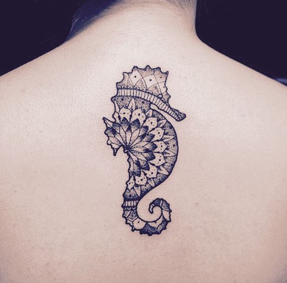 Seahorse Mandala Tattoo On Upper Back
