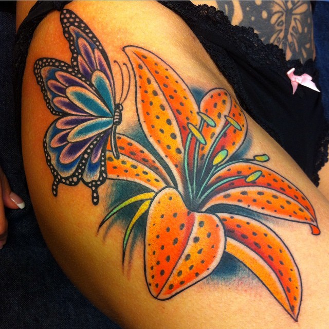 Side Leg Flower And Butterfly Tattoo