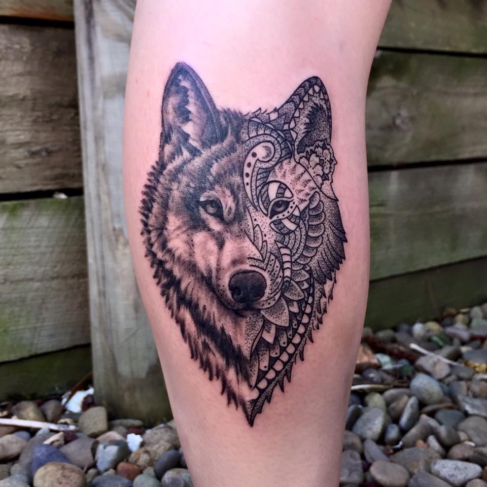 Side Leg Mandala Wolf Tattoo For Girls