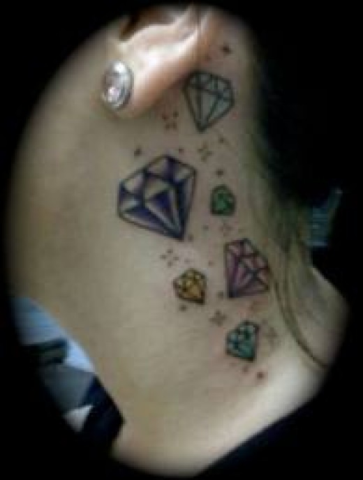 Side Neck Colored Diamond Tattoos For Girls