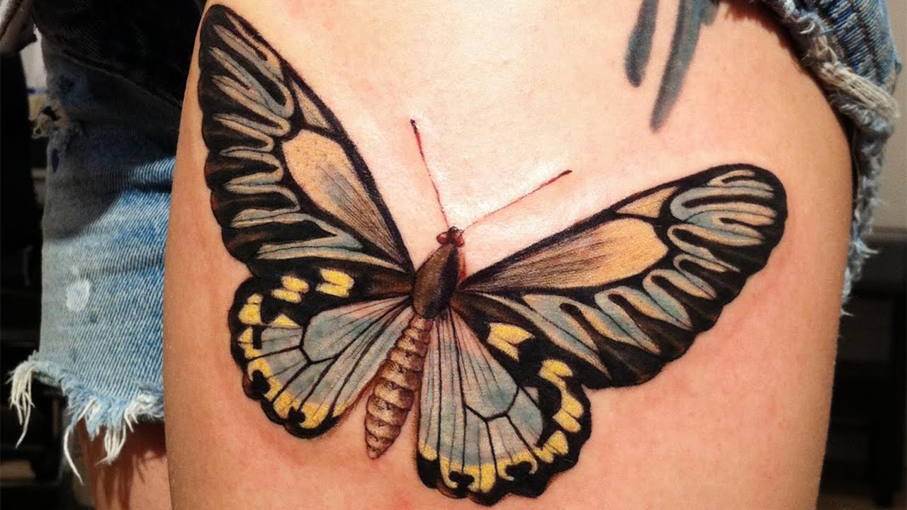 Side Thigh Colored Butterfly Tattoo
