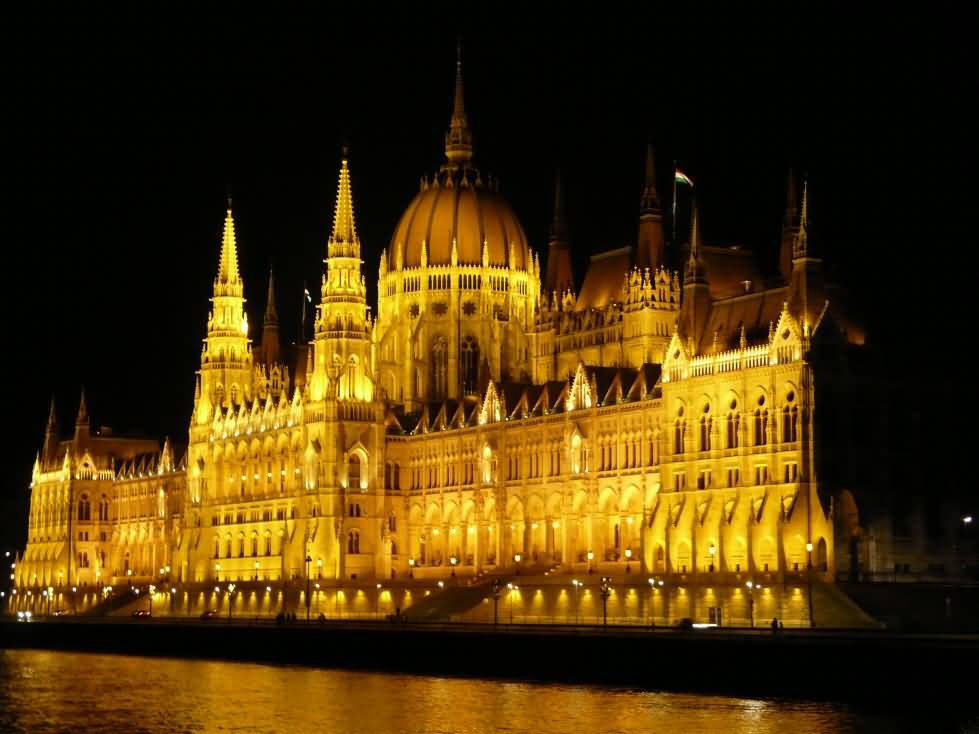 Side View Of The Hungarian Parliament Building At Night