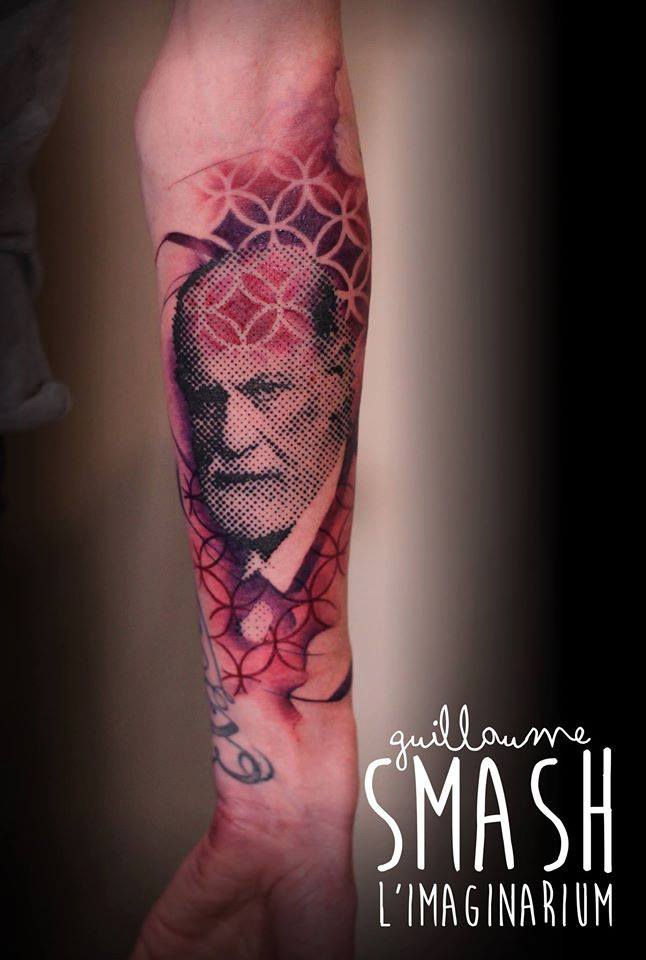 Sigmund Freud Head Tattoo On Forearm