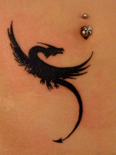 Silhouette Flying Dragon Tattoo On Girl Stomach
