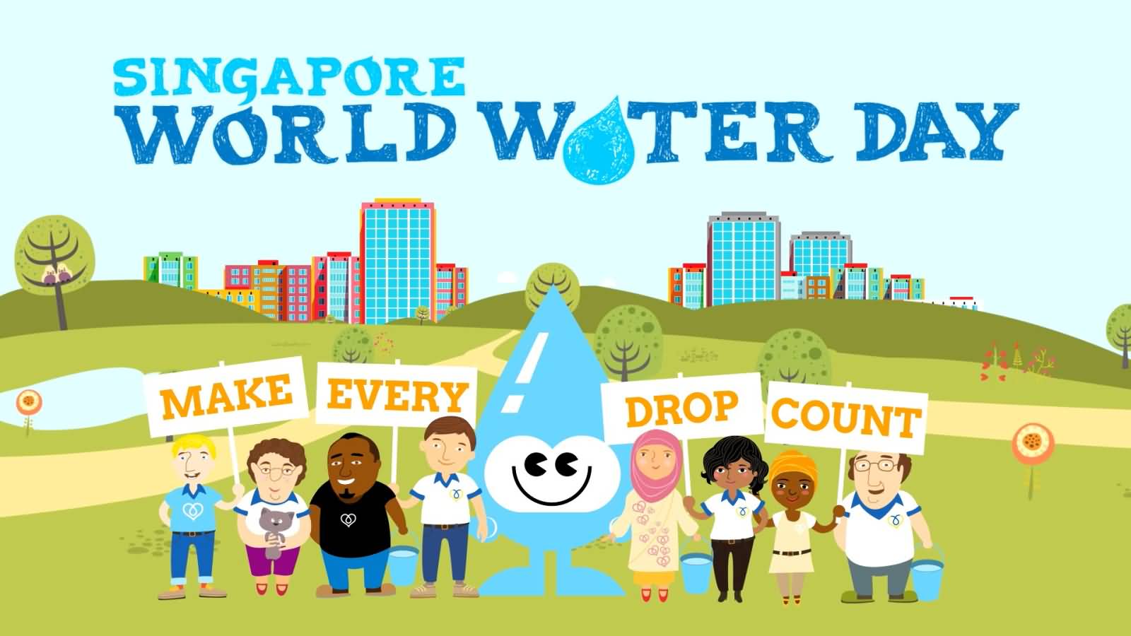 Singapore World Water Day Make Every Drop Count People With Signboards Illustration
