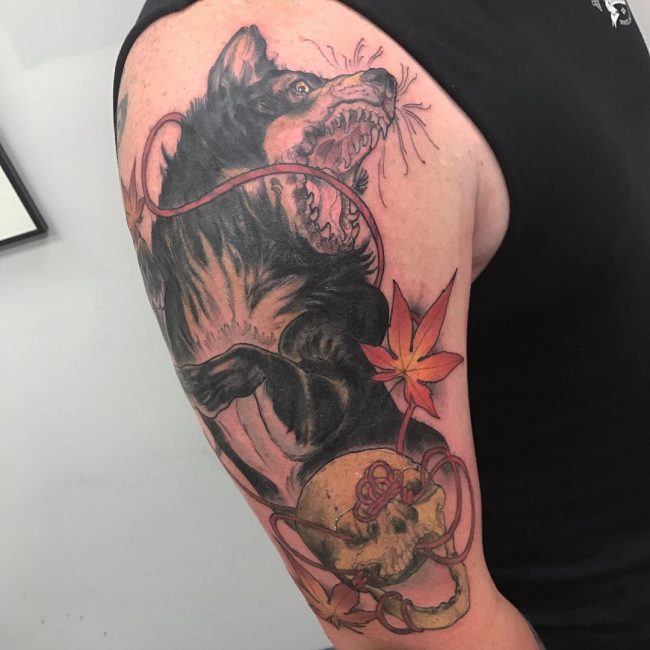 Skull And Wolf Tattoo On Right Half Sleeve