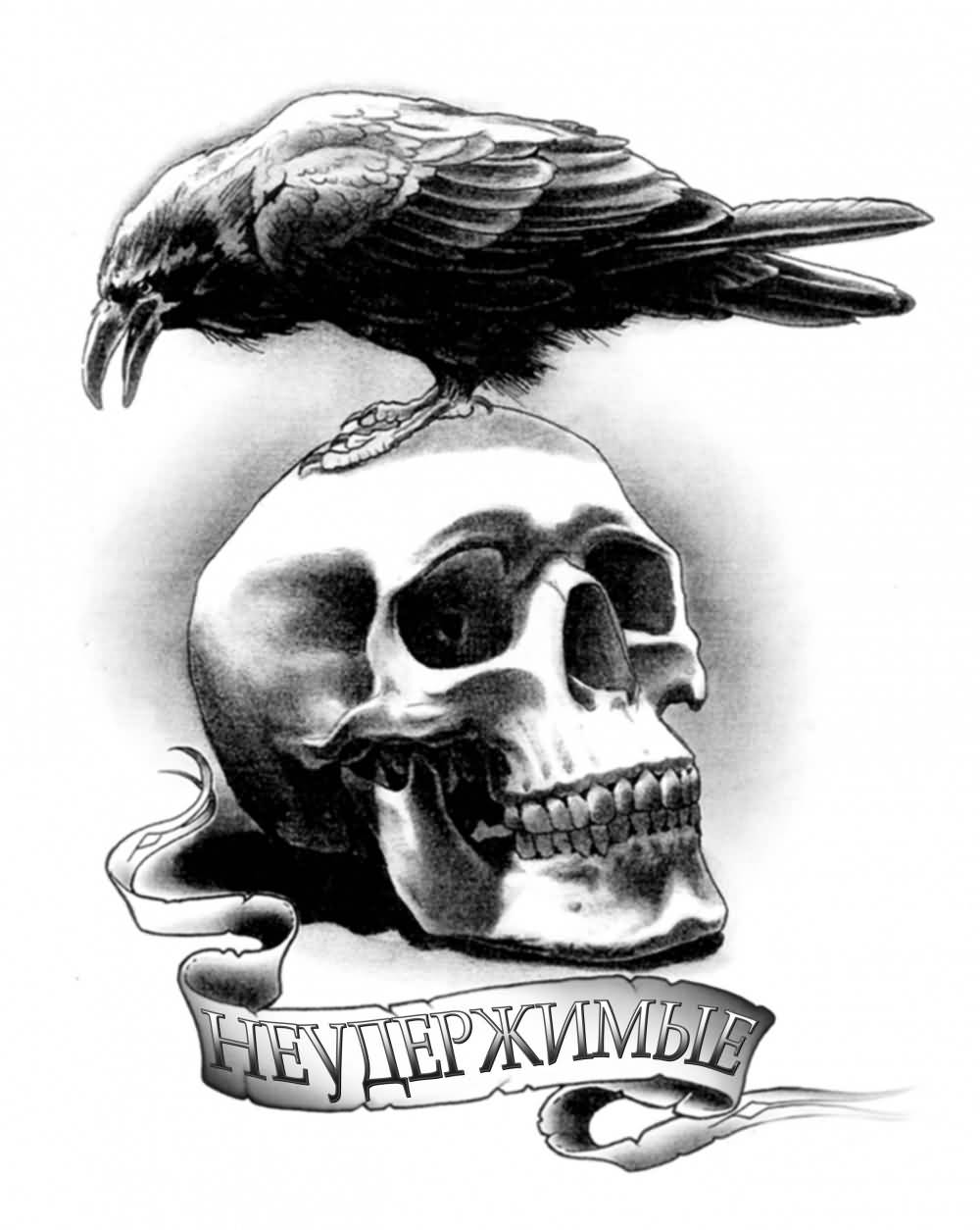 Skull With Crow Tattoo Design