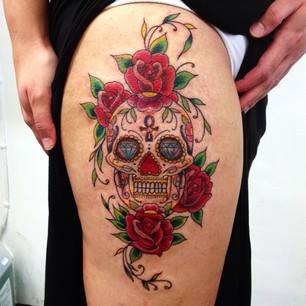 Sugar Skull With Roses Tattoo On Right Side Thigh By Sam Ricketts
