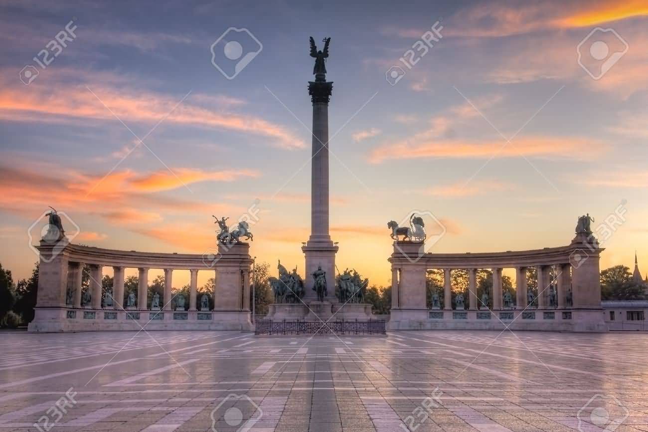 Sunrise Over The Heroes Square Monument In Budapest, Hungary