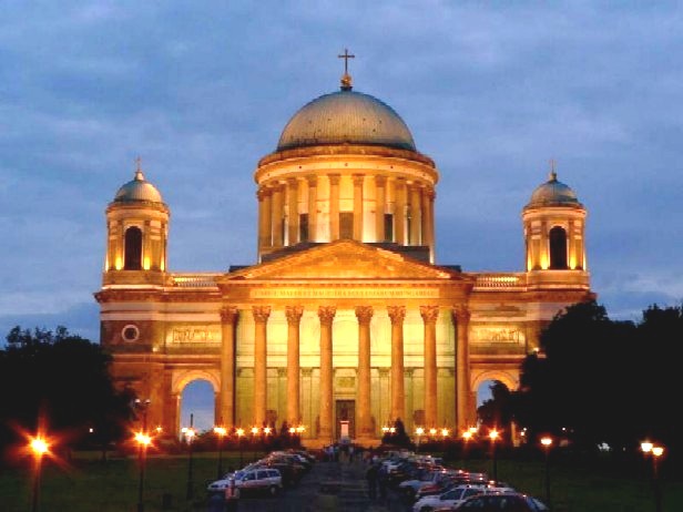The Front View Of The Esztergom Basilica Lit Up At Night