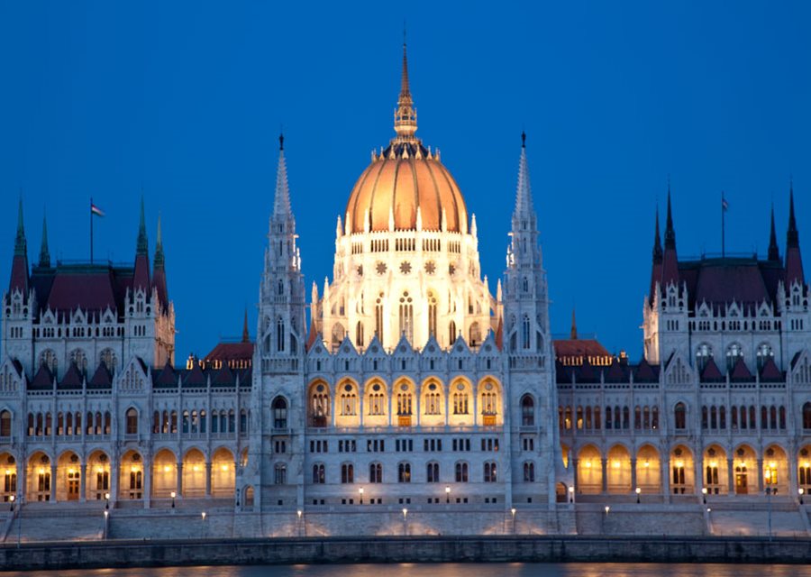 The Hungarian Parliament Building Lit Up At Dusk