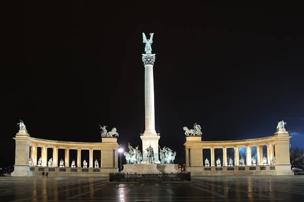 The Monument At Heroes Square Lit Up At Night