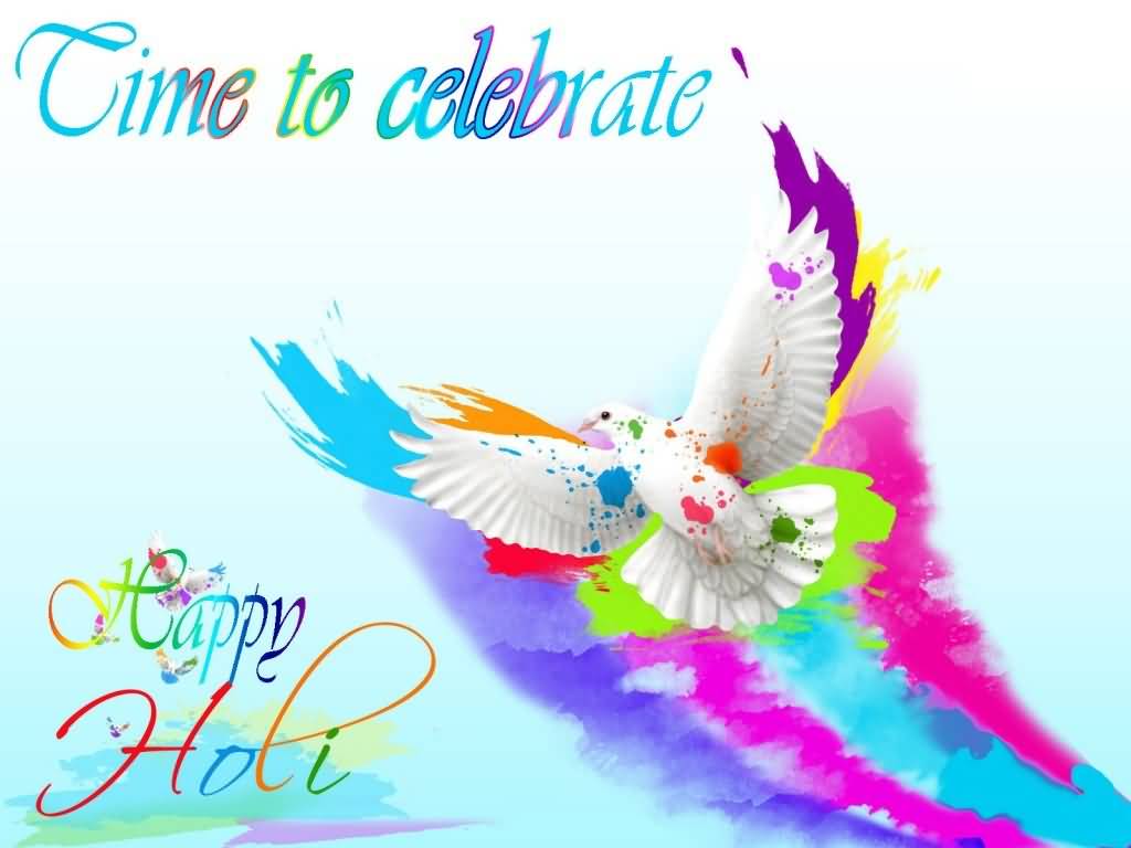 Time To Celebrate Happy Holi  Flying Dove With Colors