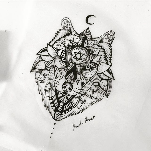 Tiny Moon And Mandala Wolf Tattoo Design