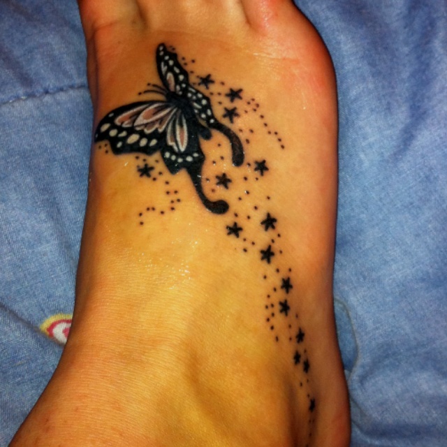 Tiny Stars And Butterfly Tattoo On Right foot