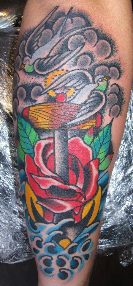 Traditional Anchor In Rose With Flying Bird Tattoo On Left Sleeve By Sam Ricketts