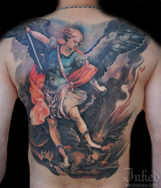 Traditional Archangel Michael Tattoo On Full Back