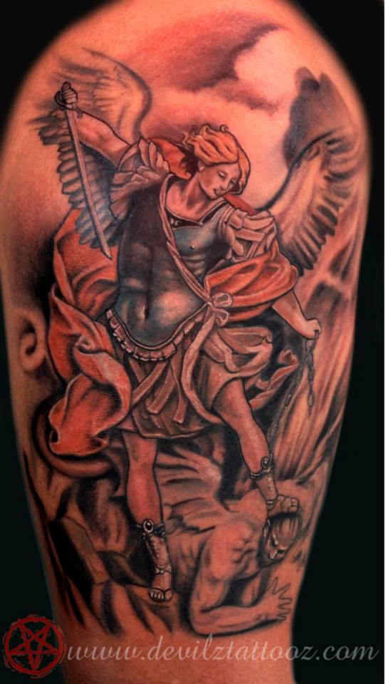 Traditional Archangel Michael Tattoo On Half Sleeve