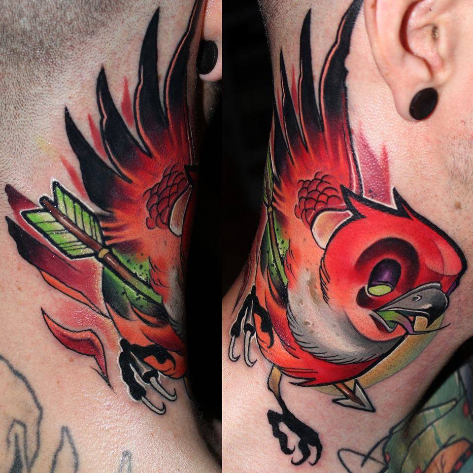 Traditional Arrow In Bird Tattoo On Man Side Neck By Lehel Nyeste